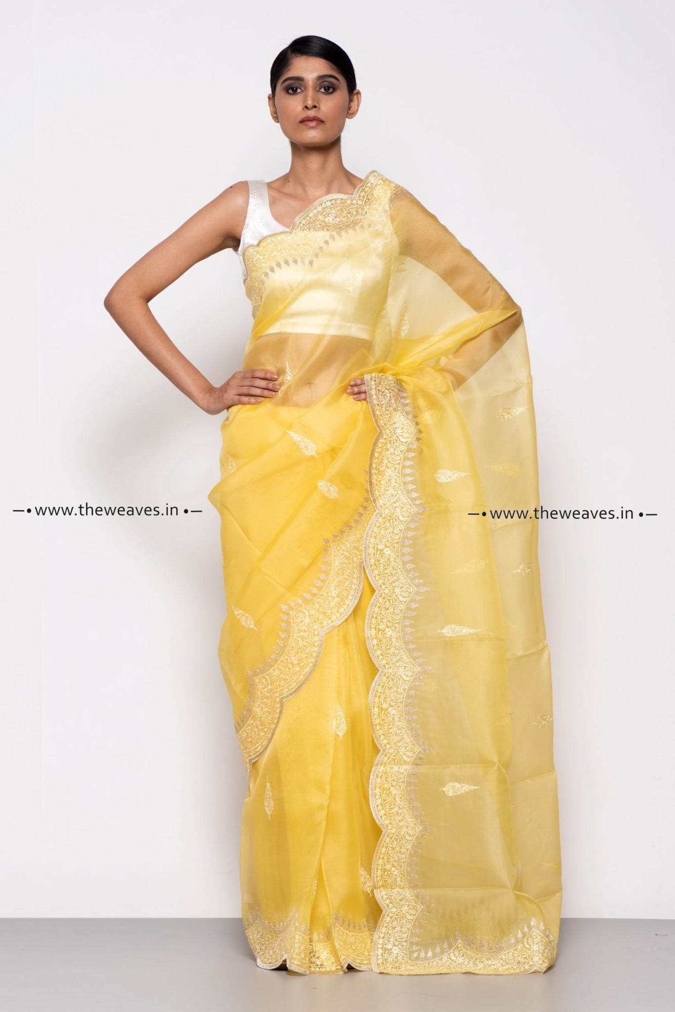 Handwoven Booti Yellow Embroidered Organza Silk Saree