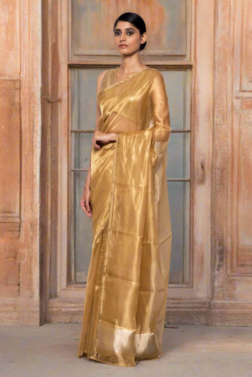 Handwoven Dark Gold Tissue Organza Saree