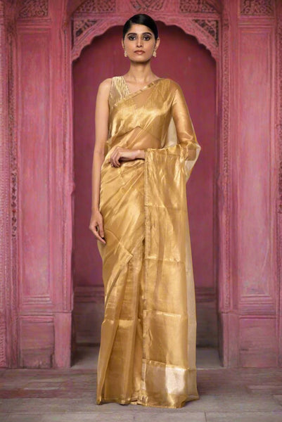 Handwoven Dark Gold Tissue Organza Saree