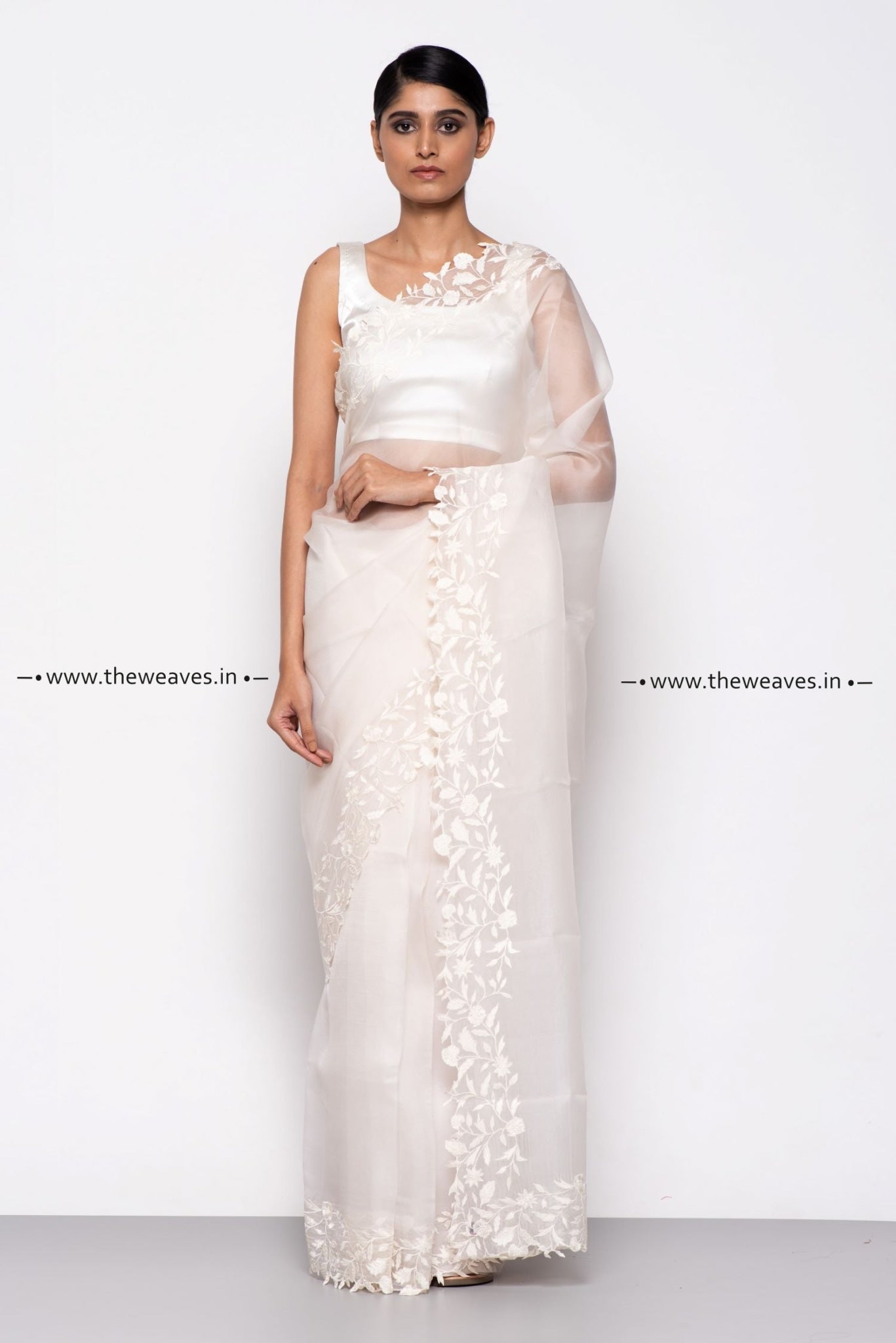 Handwoven Floral Ivory Embroidered Organza Silk Saree