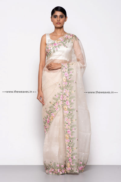 Handwoven Garden Off-White Embroidered Organza Silk Saree