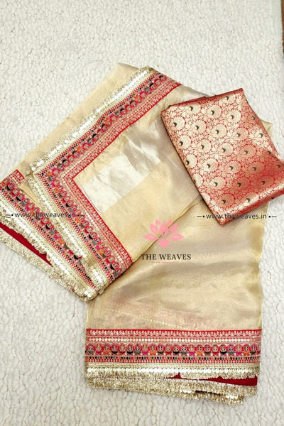 Handwoven Gold & Red Tissue Organza Saree With Borders