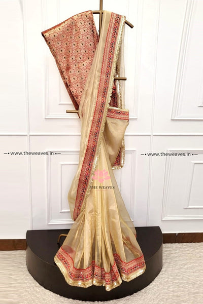 Handwoven Gold & Red Tissue Organza Saree with Borders