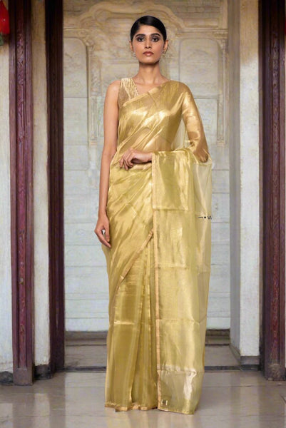 Lime Green Organza Saree Handwoven