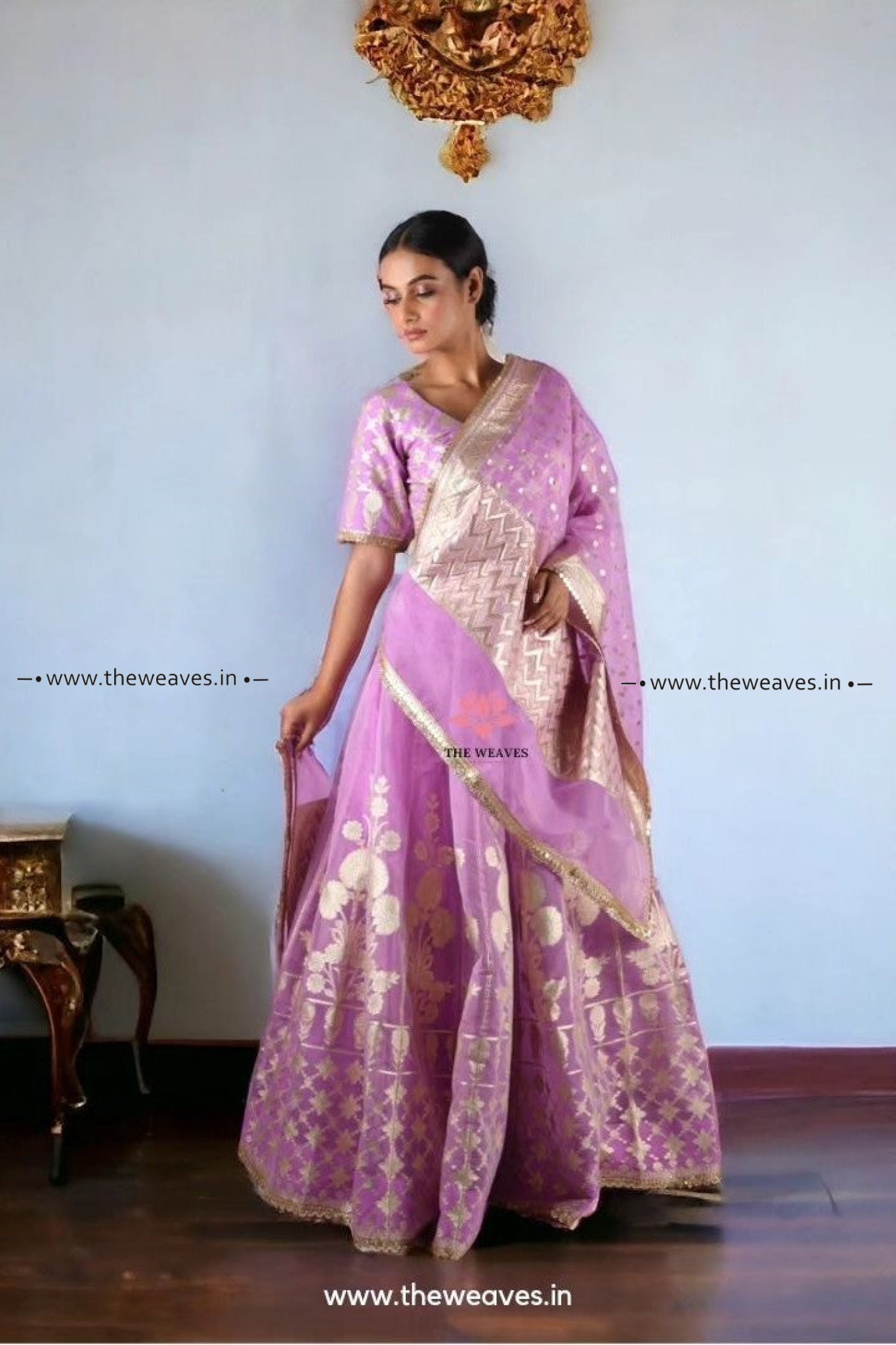 Handwoven Mauve Banarasi Organza Silk Lehenga Set