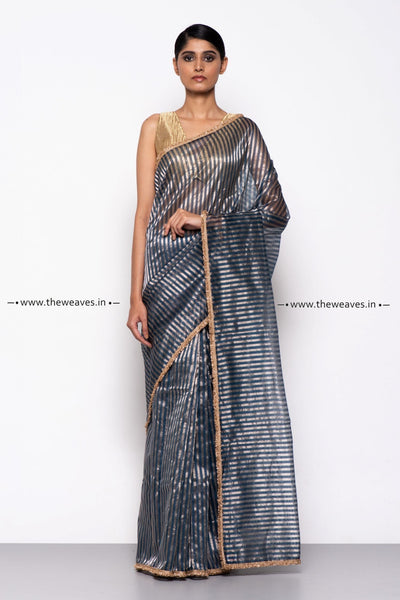 Handwoven Midnight Blue Chanderi Silk Tissue Saree