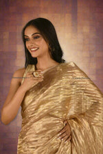 Load image into Gallery viewer, Golden Banarasi Striped Tissue Organza Saree Saree
