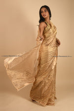 Load image into Gallery viewer, Golden Banarasi Striped Tissue Organza Saree Saree
