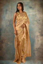 Load image into Gallery viewer, Golden Banarasi Striped Tissue Organza Saree Saree
