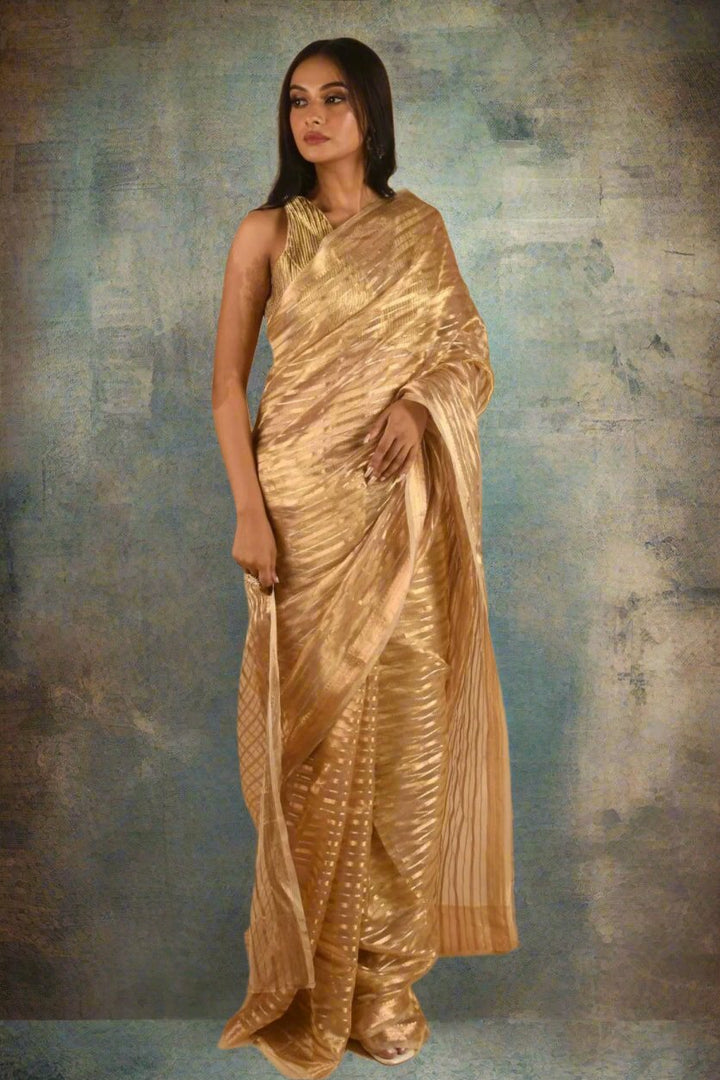 Golden Banarasi Striped Tissue Organza Saree Saree