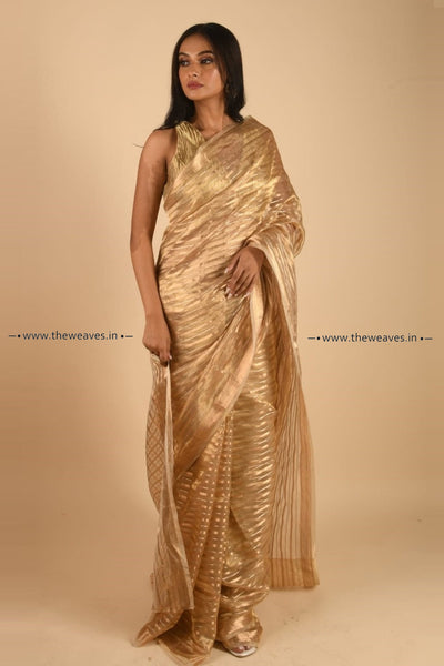 Golden Banarasi Striped Tissue Organza Saree