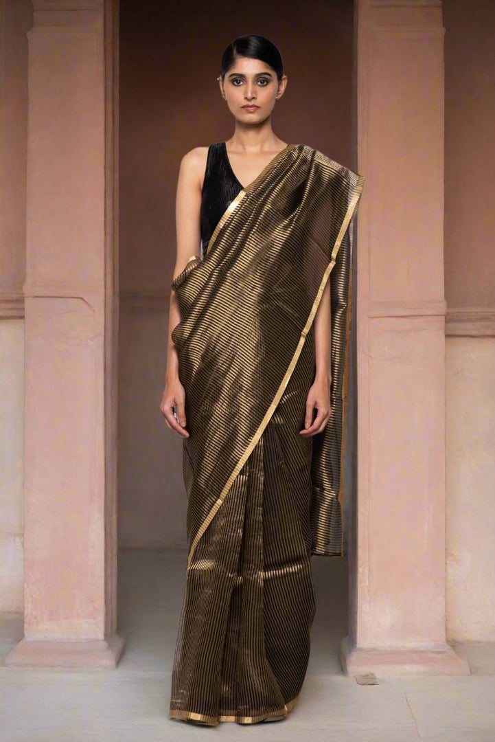 Handwoven Black Stripes Patterned Tissue Organza Saree