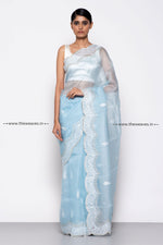 Load image into Gallery viewer, Handwoven Booti Firozi Embroidered Organza Silk Saree
