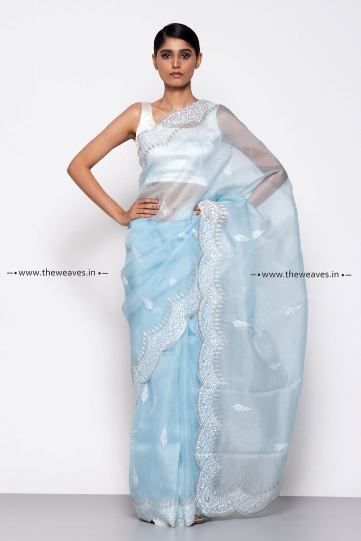 Handwoven Booti Firozi Embroidered Organza Silk Saree