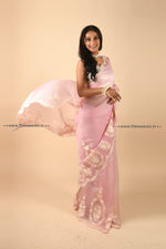 Load image into Gallery viewer, Handwoven Classic Rose Pink Embroidered Organza Silk Saree Saree
