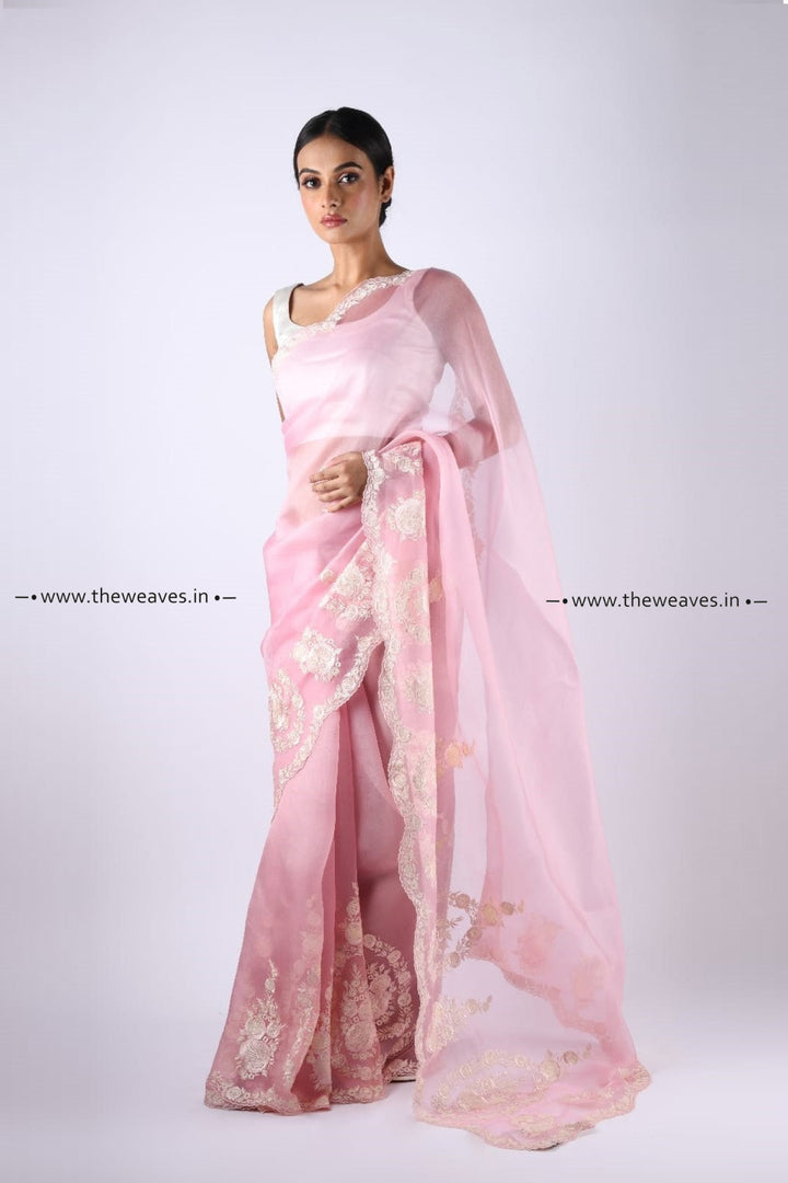 Handwoven Classic Rose Pink Embroidered Organza Silk Saree Saree