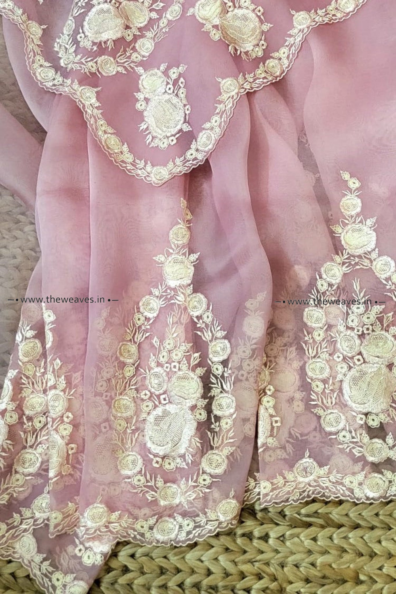 Handwoven Classic Rose Pink Embroidered Organza Silk Saree Saree