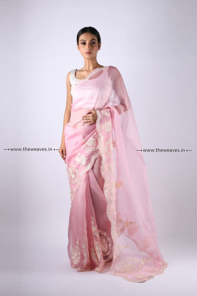 Handwoven Classic Rose Pink Embroidered Organza Silk Saree