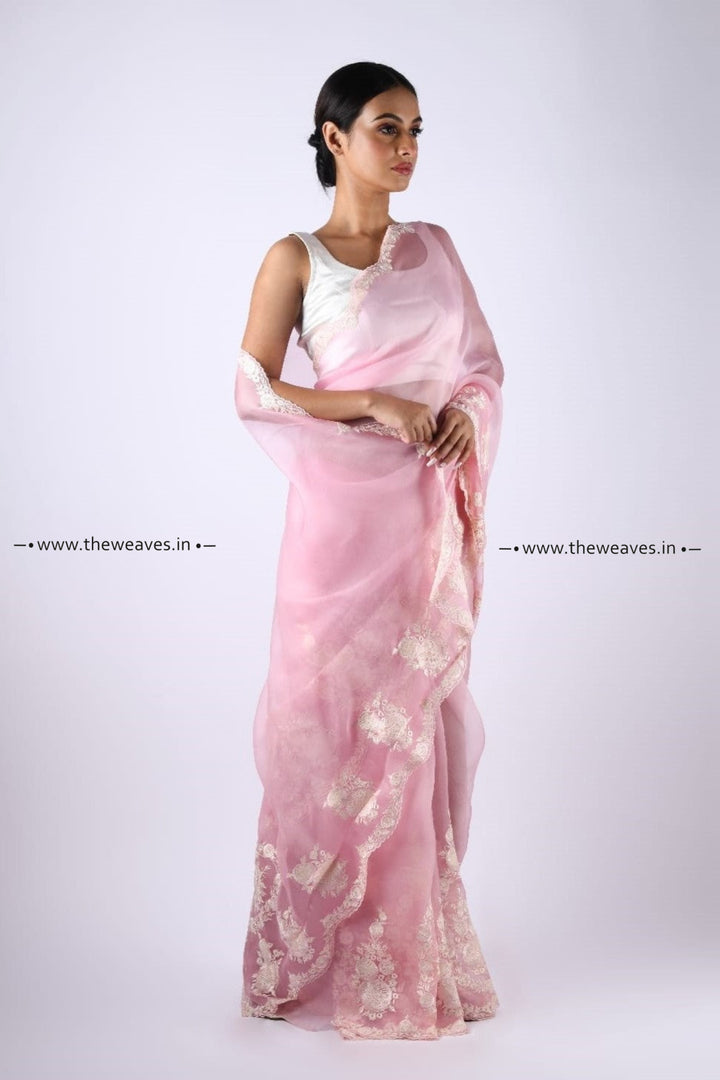 Handwoven Classic Rose Pink Embroidered Organza Silk Saree Saree