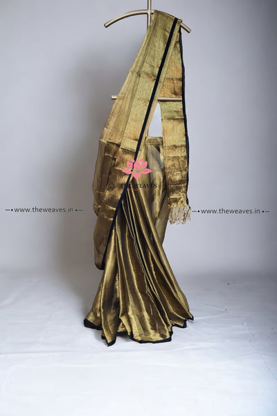 Handwoven Copper Gold Soft Tissue Saree With Black Border