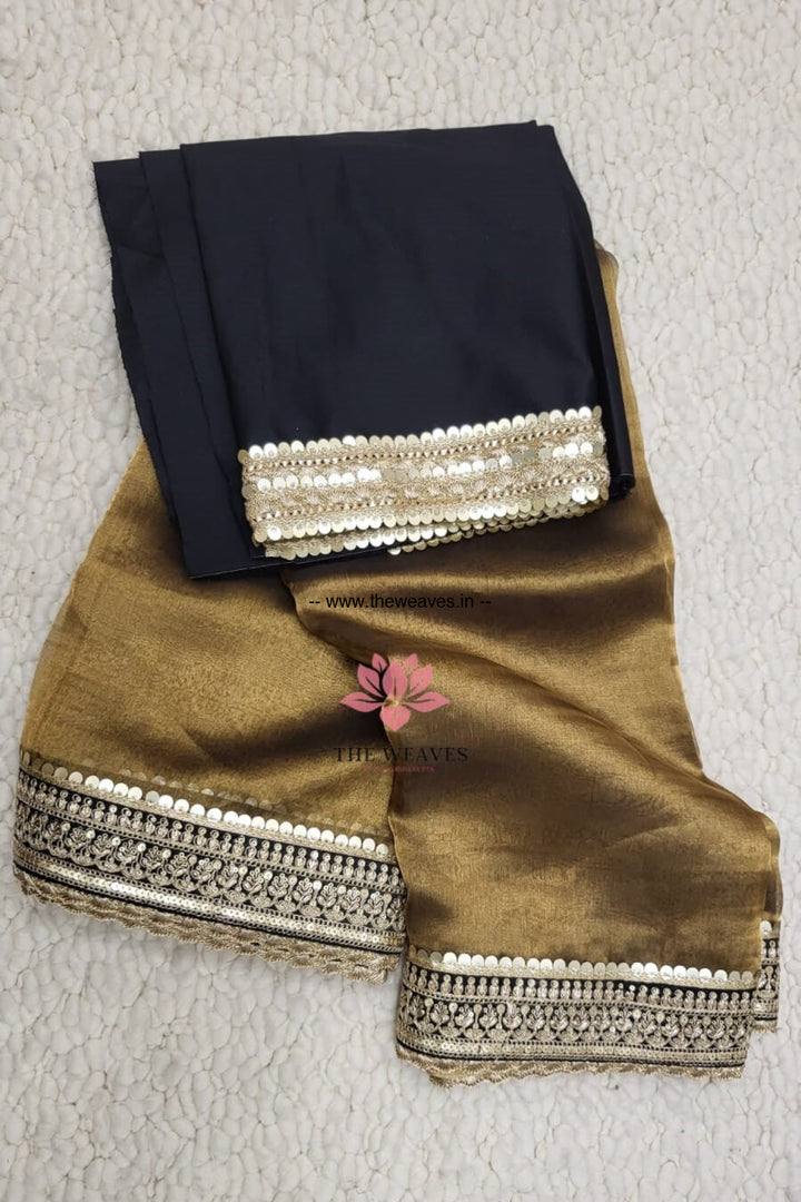 Handwoven Copper Black Tissue Organza Saree With Borders