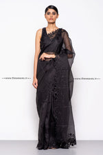 Load image into Gallery viewer, Handwoven Floral Black Embroidered Organza Silk Saree
