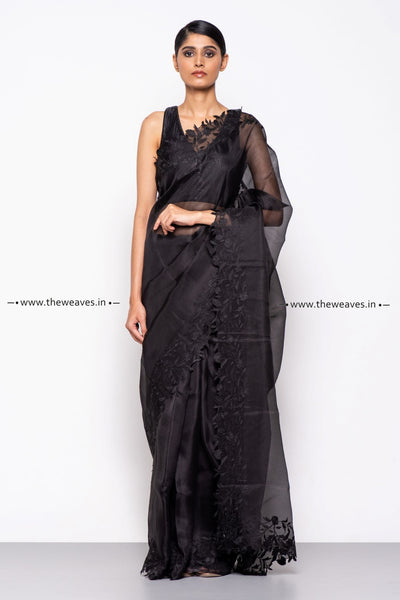 Handwoven Floral Black Embroidered Organza Silk Saree