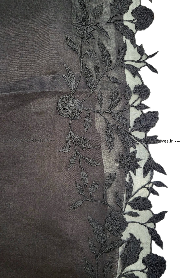 Handwoven Floral Black Embroidered Organza Silk Saree