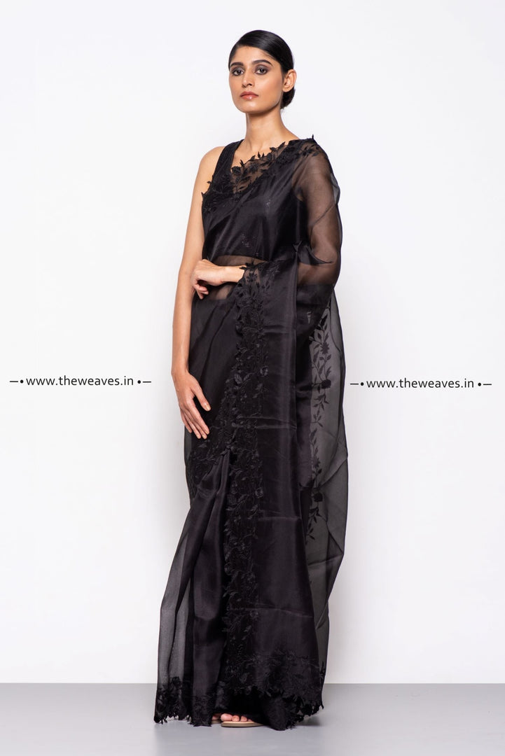 Handwoven Floral Black Embroidered Organza Silk Saree