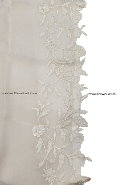 Handwoven Floral Ivory Embroidered Organza Silk Saree