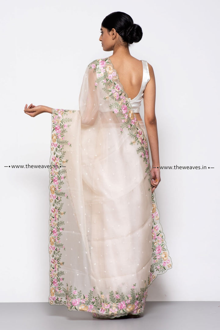 Handwoven Garden Beige Embroidered Organza Silk Saree