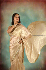 Load image into Gallery viewer, Golden Tissue Saree With Fringe Border
