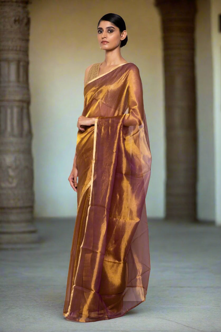 Handwoven Golden Purple Tissue Organza Saree