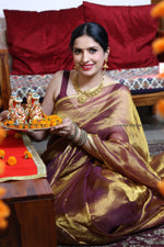 Load image into Gallery viewer, Handwoven Golden Purple Tissue Organza Saree
