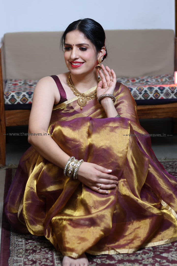 Handwoven Golden Purple Tissue Organza Saree