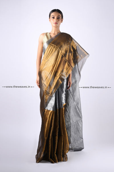 Handwoven Half & Half Gold Silver Soft Tissue Saree
