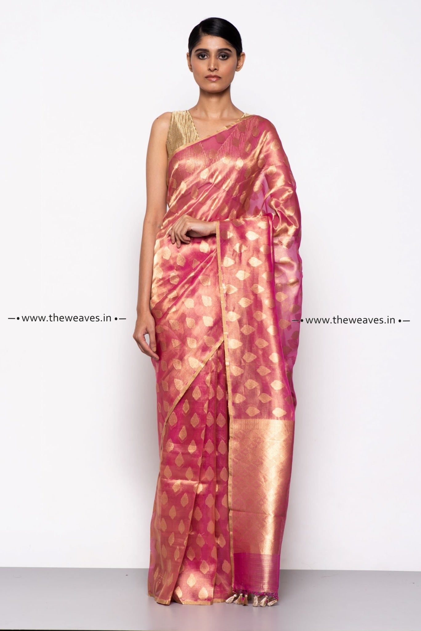 Handwoven Indian Pink Patterned Tissue Organza Saree
