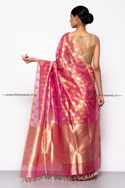 Handwoven Indian Pink Patterned Tissue Organza Saree