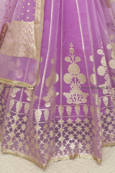 Handwoven Mauve Banarasi Organza Silk Lehenga Set