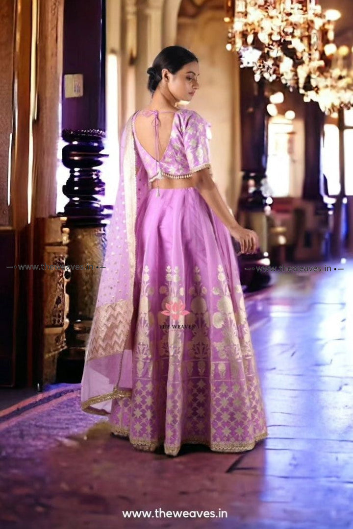 Handwoven Mauve Banarasi Organza Silk Lehenga Set