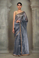 Load image into Gallery viewer, Handwoven Midnight Blue Chanderi Silk Tissue Saree
