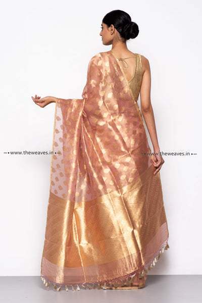 Handwoven Nude Pink Patterned Tissue Organza Saree