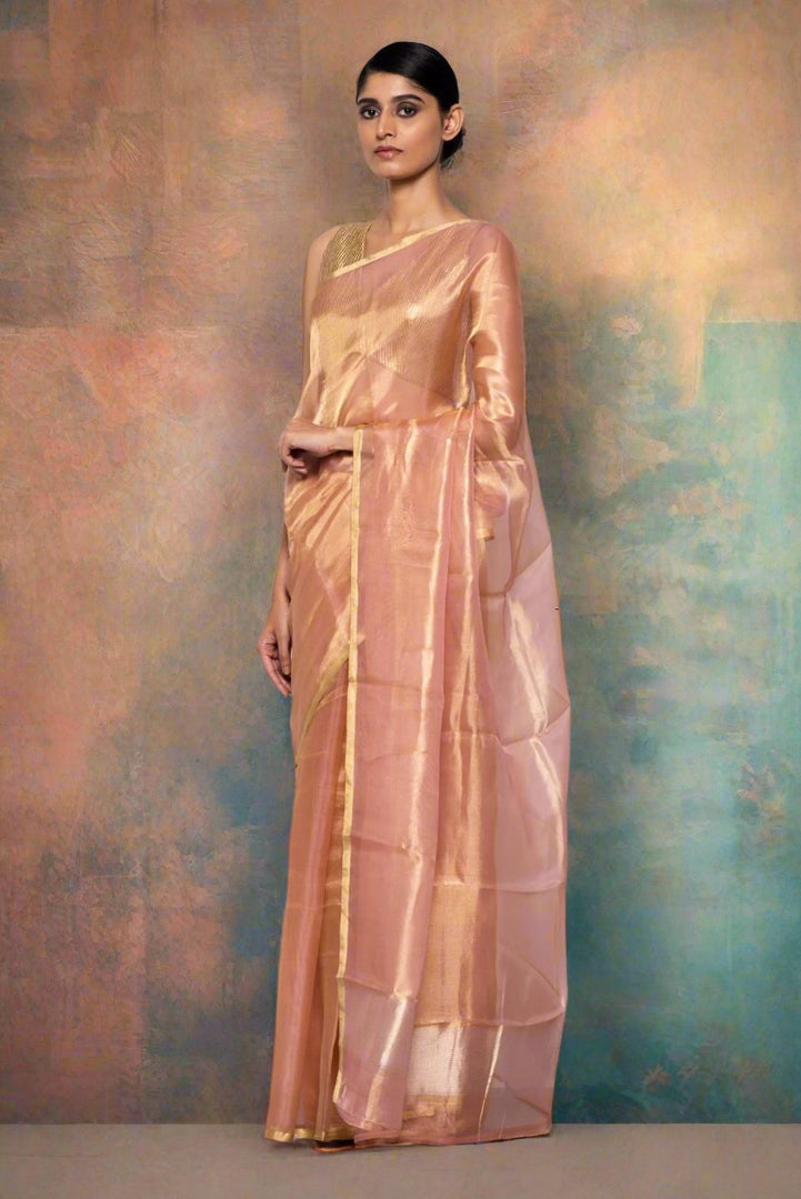 Handwoven Peach Tissue Organza Saree