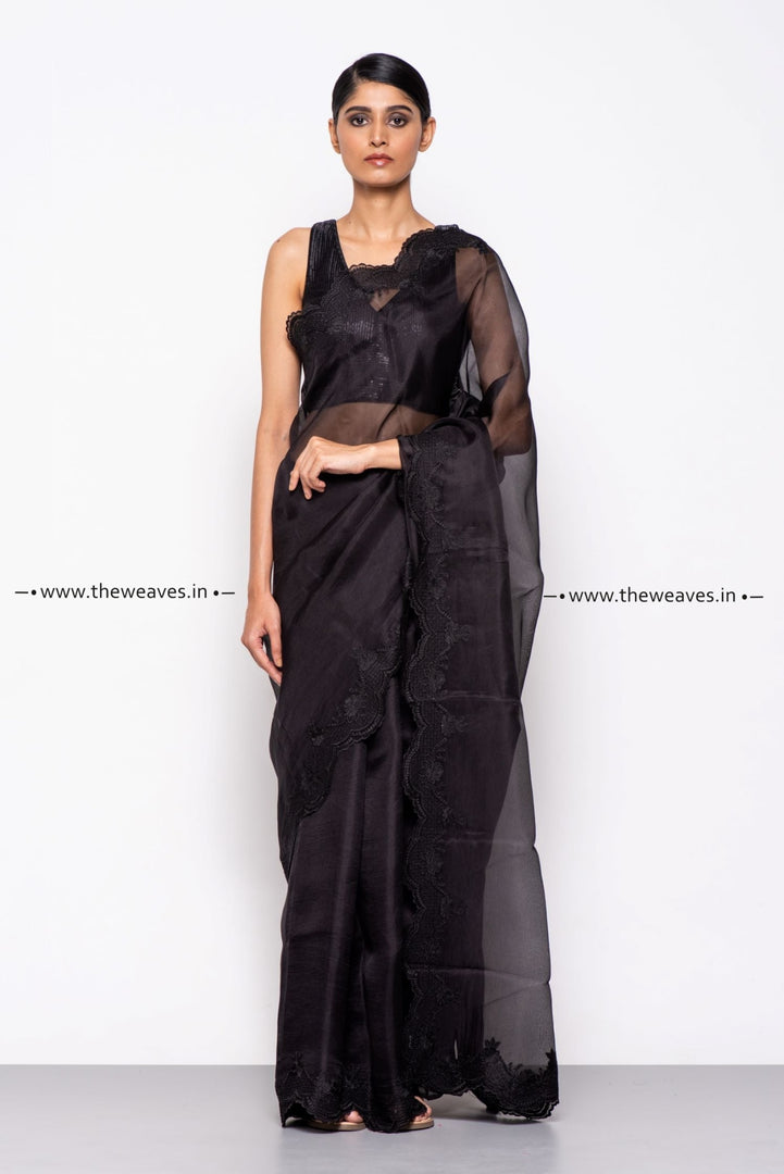 Handwoven Roses Black Embroidered Organza Silk Saree