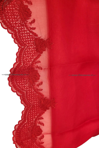 Handwoven Roses Red Embroidered Organza Silk Saree
