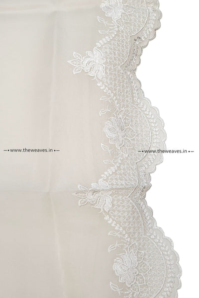 Handwoven Roses White Embroidered Organza Silk Saree