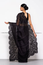 Load image into Gallery viewer, Handwoven Royal Black Embroidered Organza Silk Saree
