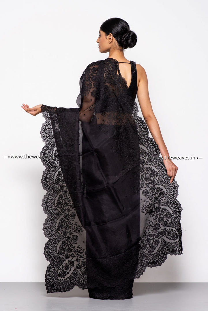 Handwoven Royal Black Embroidered Organza Silk Saree