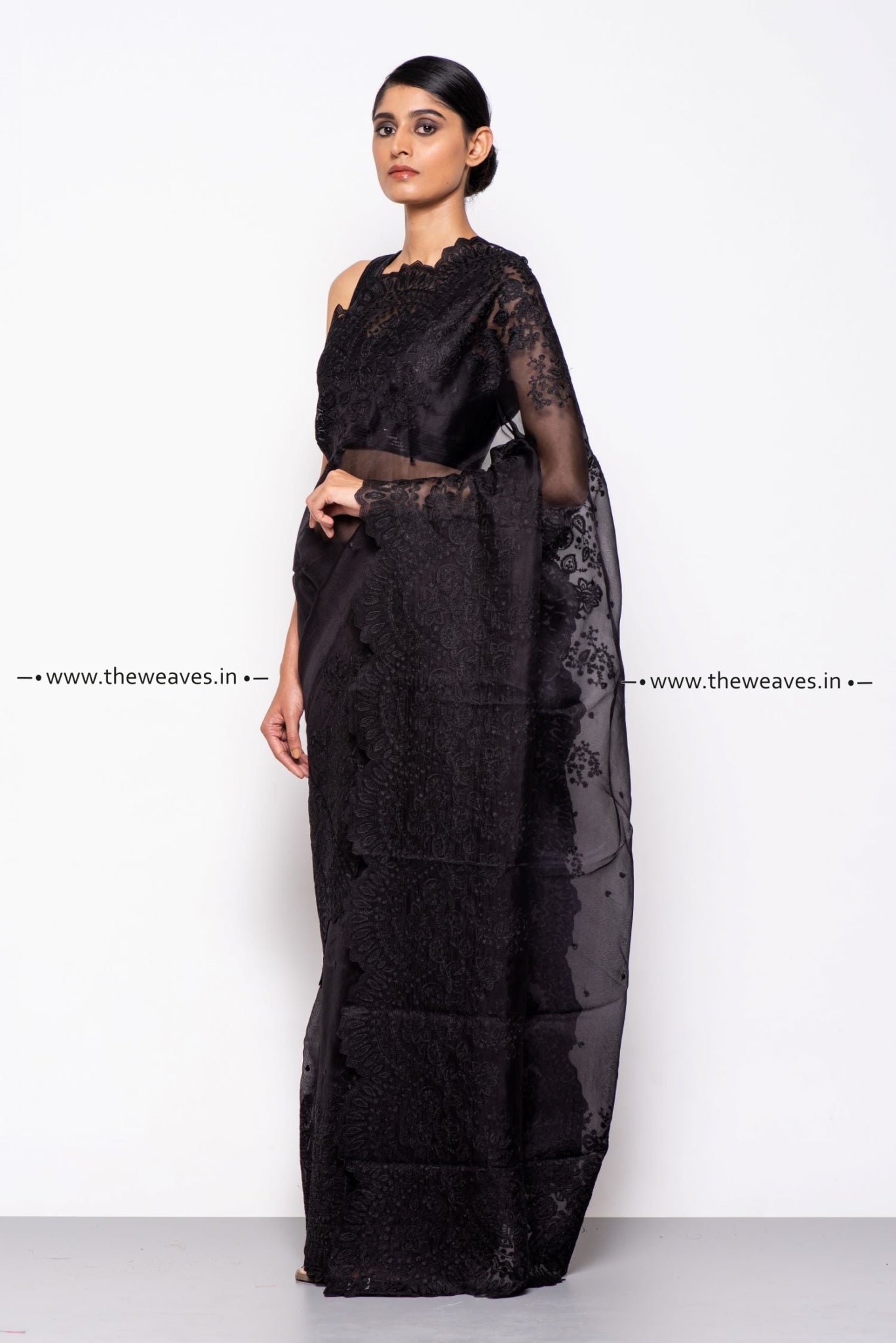 Handwoven Royal Black Embroidered Organza Silk Saree