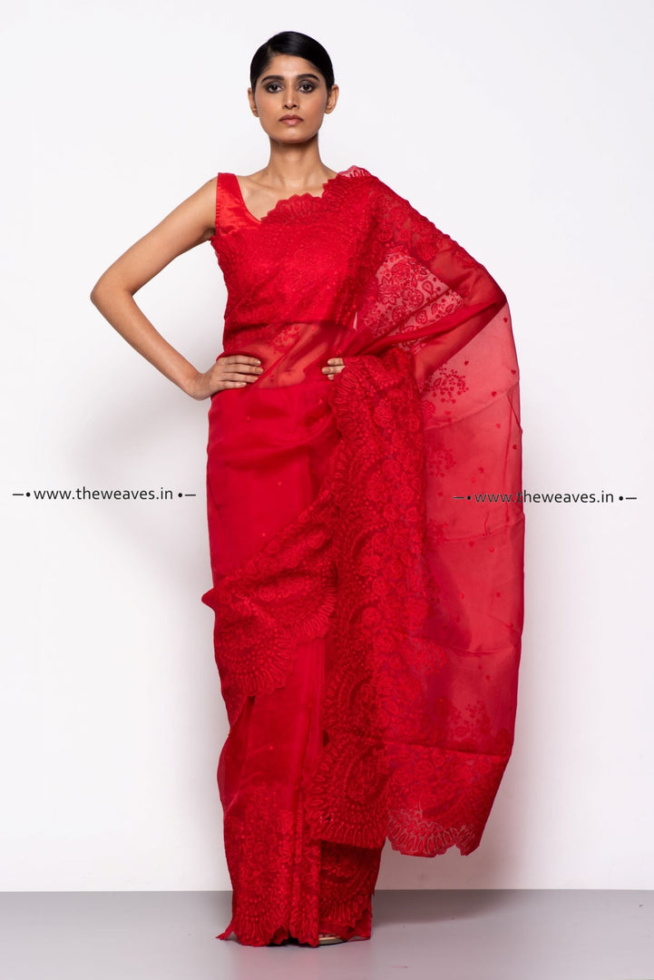 Handwoven Royal Red Embroidered Organza Silk Saree